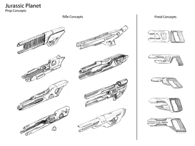 These are the Jurassic Planet rifle and pistol thumbnail design illustration options we created for the film. 